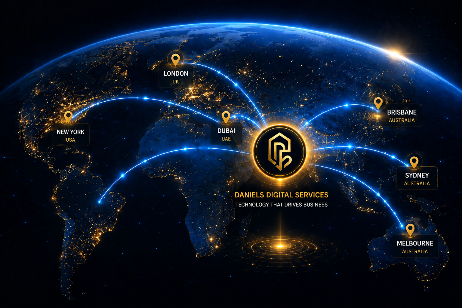 Illuminated world map with connected global delivery locations